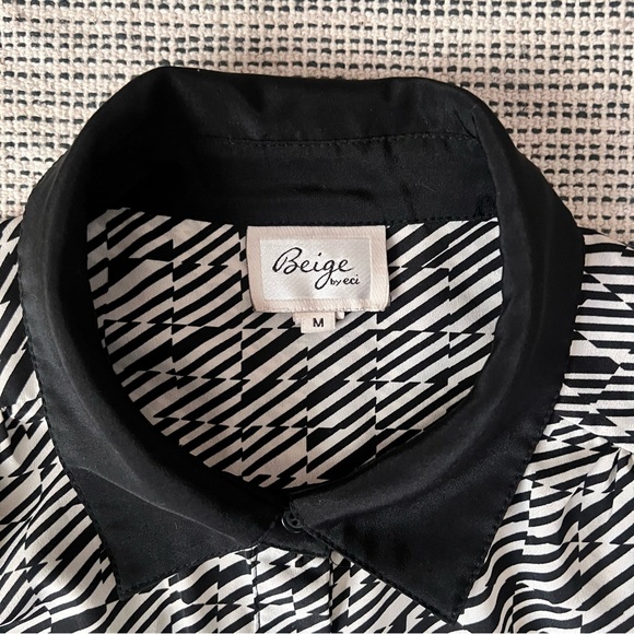 Black White Mixed Pattern Blouse Polka Dot Striped - Picture 2 of 12